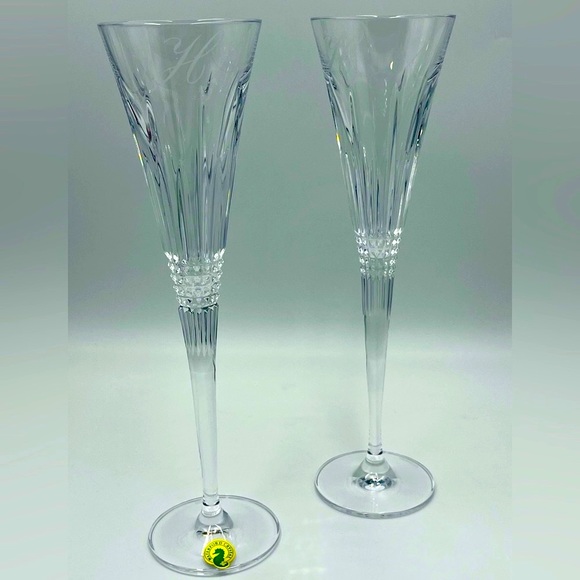 Waterford Lismore Diamond Monogram Letter "H”- Crystal Champagne Toasting Flutes - Picture 5 of 16
